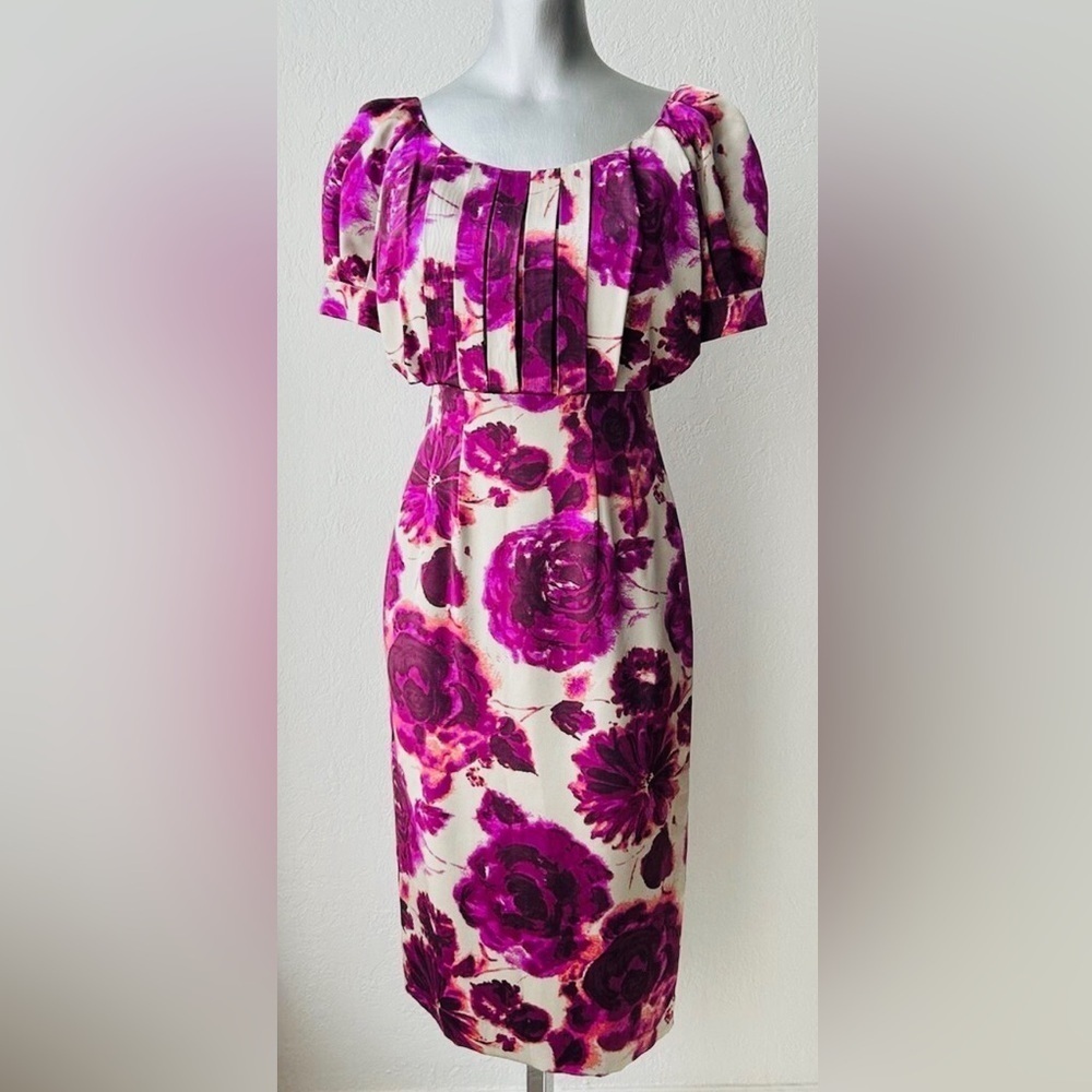 Vintage 100% Silk Purple Floral Sheath Dress with Flutter Top, Size 6